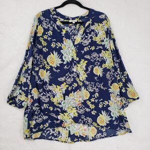 Marina Luna Blouse Womens 2X Blue Floral Print Lightweight Top 3/4 Sleeve Rayon